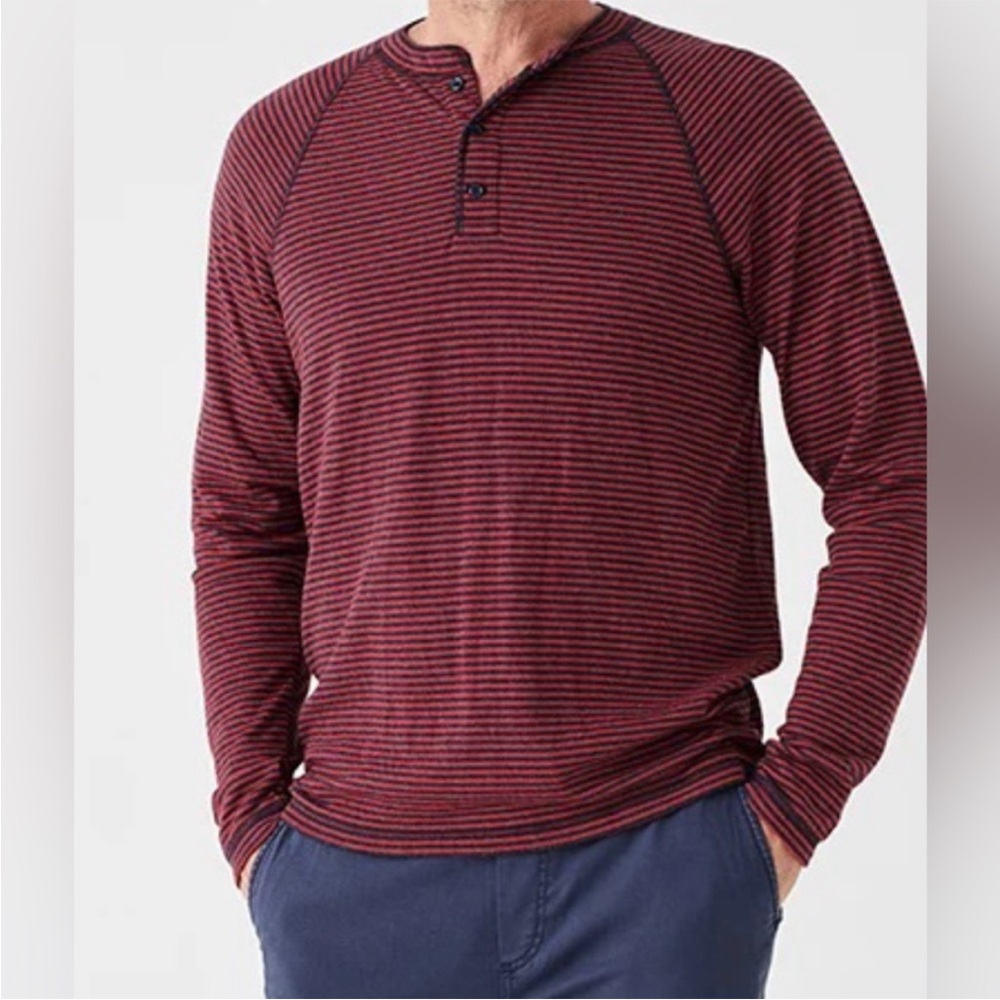Faherty Men's Long Sleeve Striped Henley - Burgundy and Navy small new